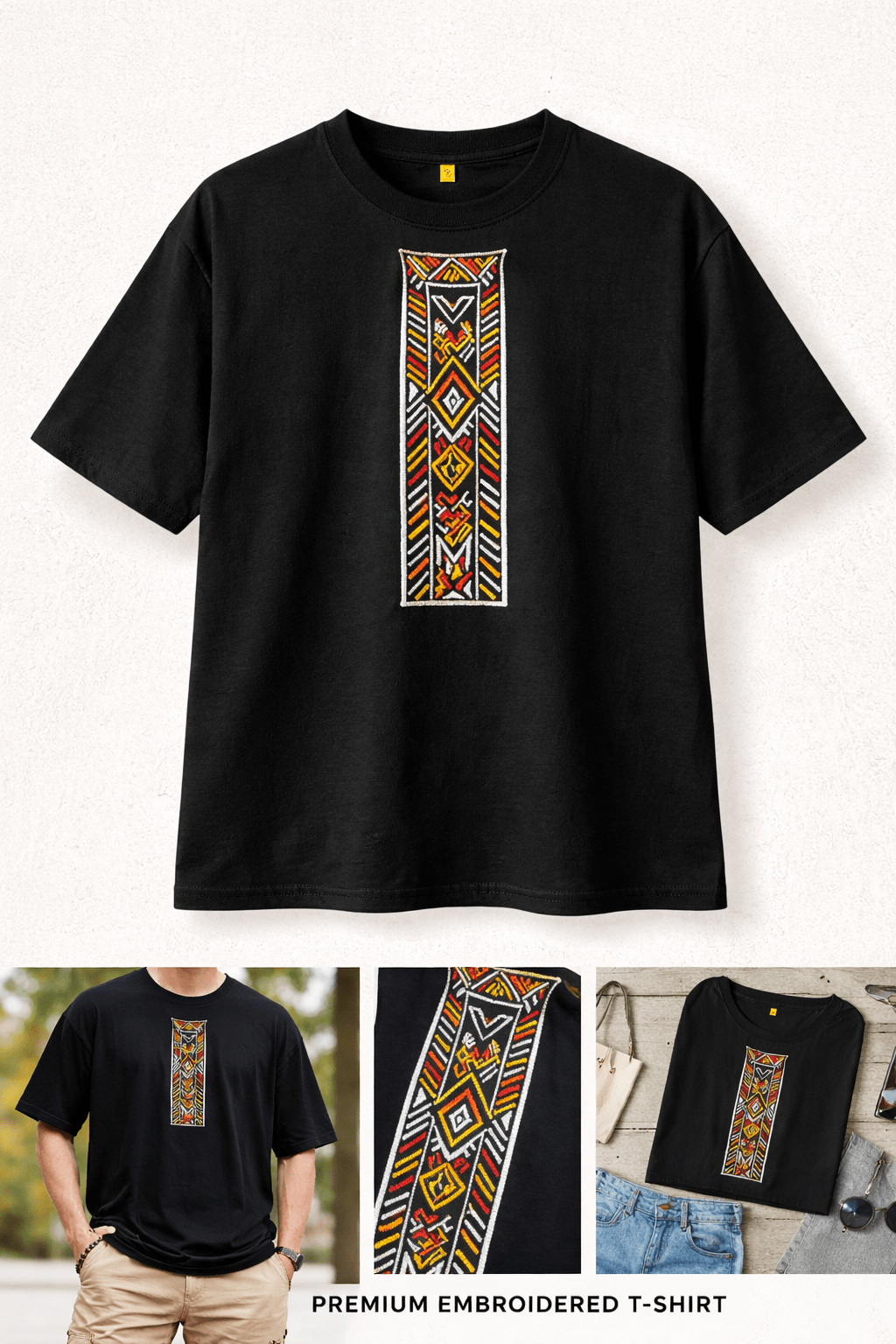 Kutchi Art Embroidered Black T-Shirt | Authentic Kutch - Inspired Tribal Streetwear Tee - Ghelo.Store