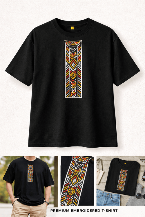 Kutchi Art Embroidered Black T-Shirt | Authentic Kutch - Inspired Tribal Streetwear Tee - Ghelo.Store