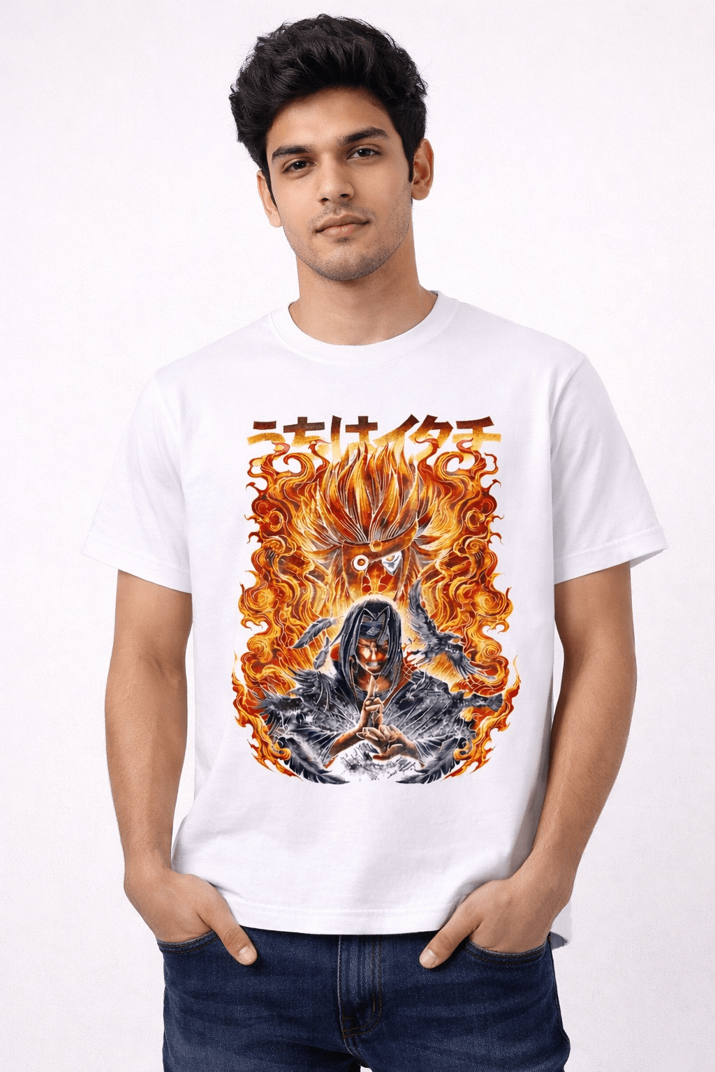 Sasuke Susano Fire Graphic T-Shirt | Premium White Streetwear Tee for Anime Fans - Ghelo.Store